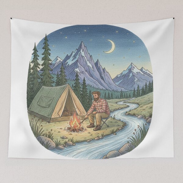 Item preview, Camping with tent and campfire by the mountain river with moon and forest designed and sold by Inselbewohner.