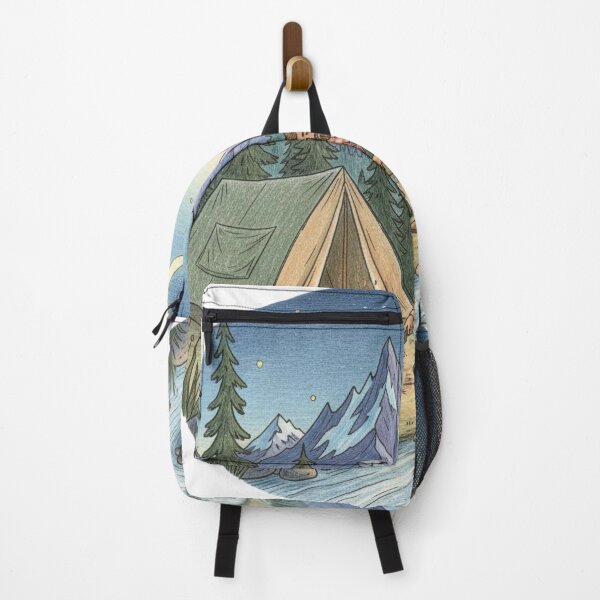 Item preview, Camping with tent and campfire by the mountain river with moon and forest designed and sold by Inselbewohner.