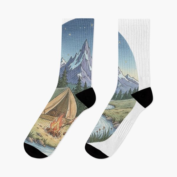 Item preview, Camping with tent and campfire by the mountain river with moon and forest designed and sold by Inselbewohner.