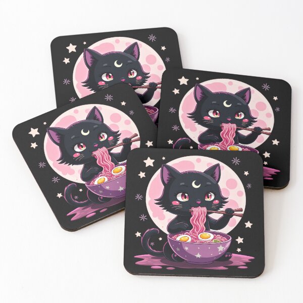 Item preview, Kawaii Black Cat Eating Ramen Celestial Moon Stars designed and sold by AmaXONIC.