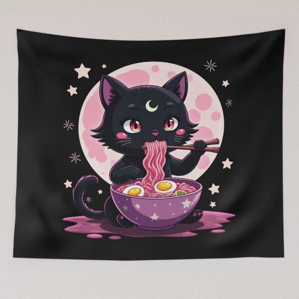 Item preview, Kawaii Black Cat Eating Ramen Celestial Moon Stars designed and sold by AmaXONIC.