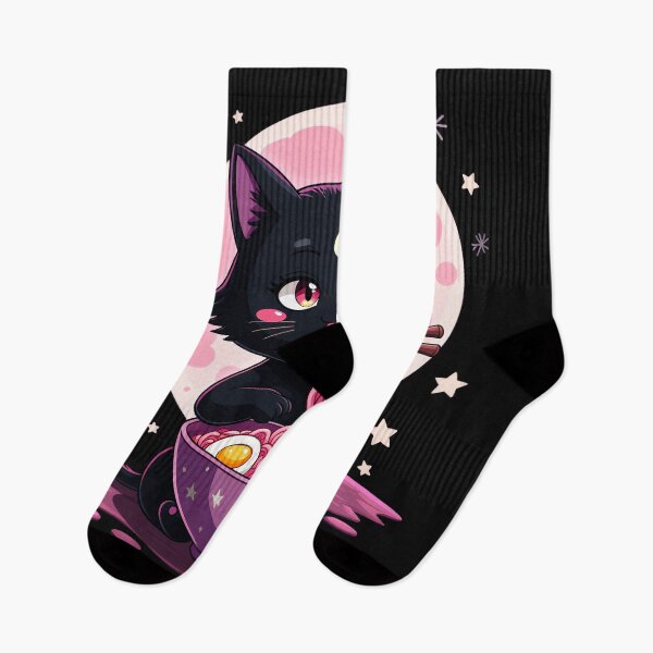 Item preview, Kawaii Black Cat Eating Ramen Celestial Moon Stars designed and sold by AmaXONIC.