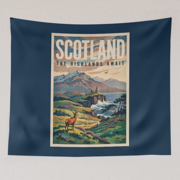 Item preview, Scotland Scottish Highland Deer Illustration Travel Art Vintage designed and sold by KrisSidDesigns.
