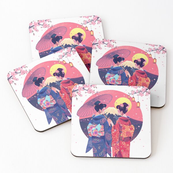 Item preview, Two Geisha Mount Fuji Cherry Blossom - Japanese Kimono Sakura Vaporwave Art designed and sold by kummo-0319.