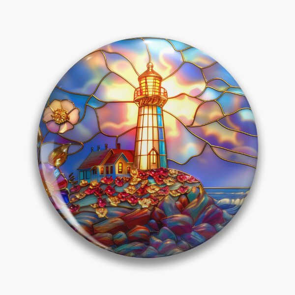 Item preview, Stained Glass Lighthouse Sunset Art, Coastal Ocean Scene designed and sold by MargaretWiktor.