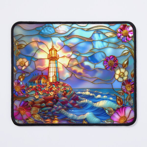 Item preview, Stained Glass Lighthouse Sunset Art, Coastal Ocean Scene designed and sold by MargaretWiktor.