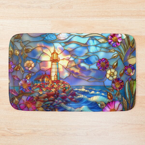 Item preview, Stained Glass Lighthouse Sunset Art, Coastal Ocean Scene designed and sold by MargaretWiktor.