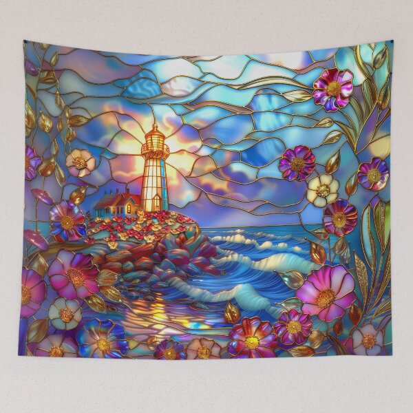 Item preview, Stained Glass Lighthouse Sunset Art, Coastal Ocean Scene designed and sold by MargaretWiktor.