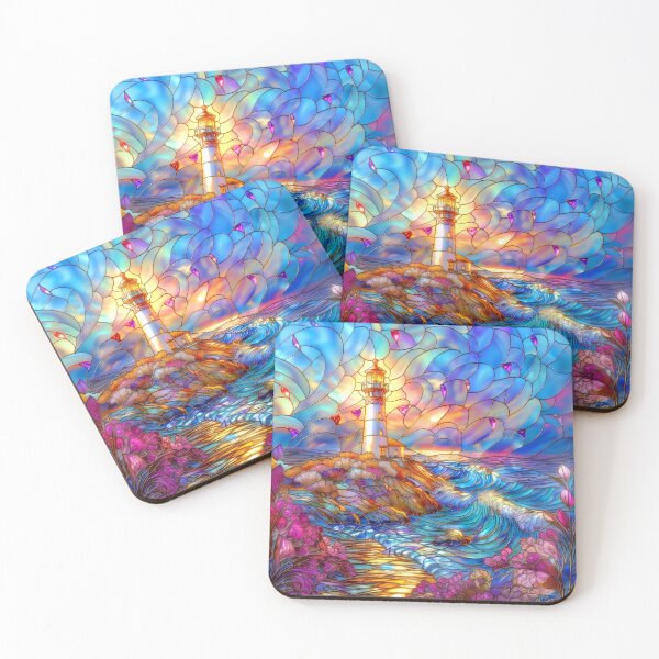 Item preview, Stained Glass Lighthouse Sunset Art, Coastal Ocean Scene designed and sold by MargaretWiktor.