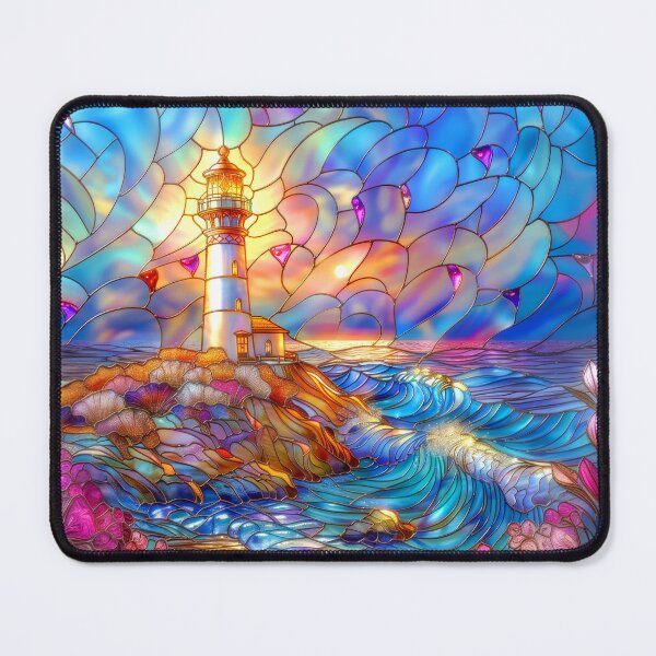 Item preview, Stained Glass Lighthouse Sunset Art, Coastal Ocean Scene designed and sold by MargaretWiktor.