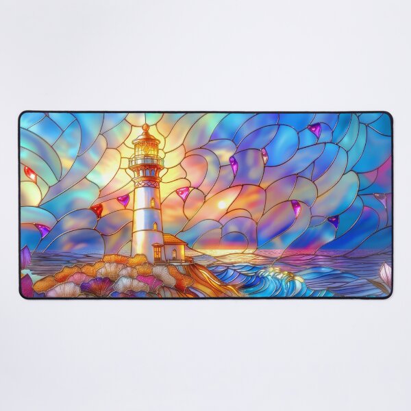 Item preview, Stained Glass Lighthouse Sunset Art, Coastal Ocean Scene designed and sold by MargaretWiktor.
