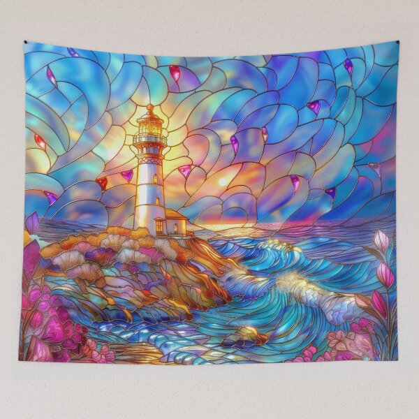 Item preview, Stained Glass Lighthouse Sunset Art, Coastal Ocean Scene designed and sold by MargaretWiktor.