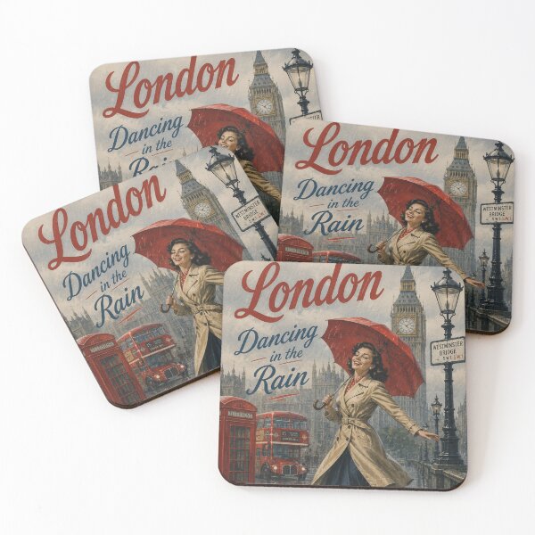Item preview, Greetings from London Dancing in the Rain Vintage Travel Poster | Retro British Cityscape Art designed and sold by TheStephanieRome.