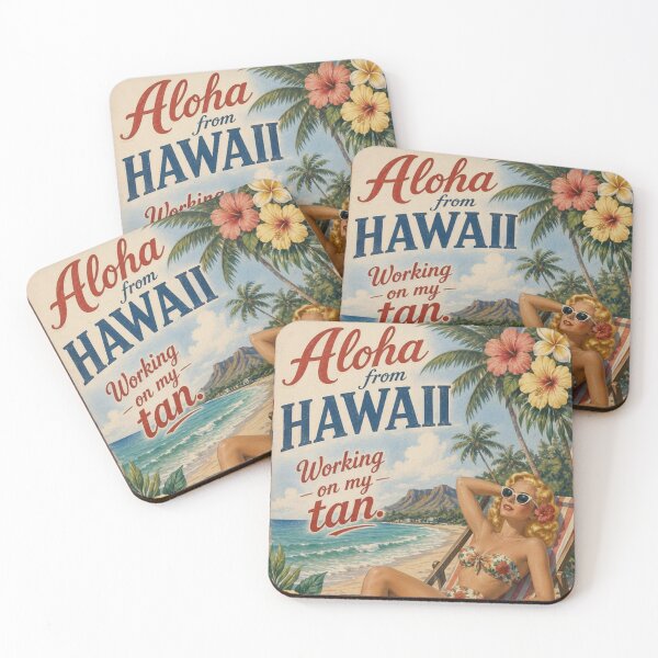 Item preview, Aloha from Hawaii Working on My Tan Vintage Travel Postcard | Retro Hawaiian Beach Pinup Art designed and sold by TheStephanieRome.