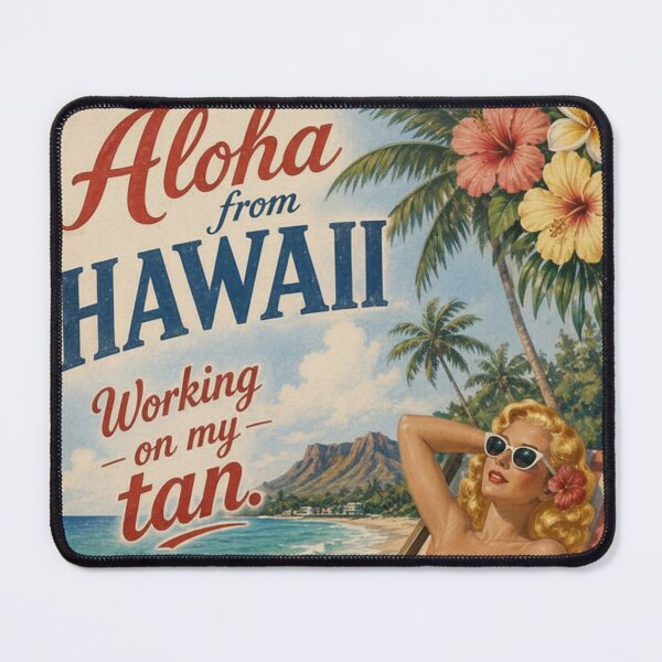Item preview, Aloha from Hawaii Working on My Tan Vintage Travel Postcard | Retro Hawaiian Beach Pinup Art designed and sold by TheStephanieRome.