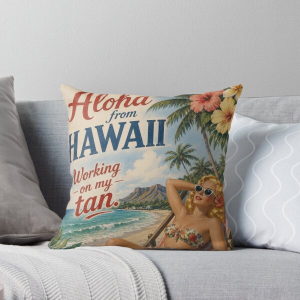 Item preview, Aloha from Hawaii Working on My Tan Vintage Travel Postcard | Retro Hawaiian Beach Pinup Art designed and sold by TheStephanieRome.