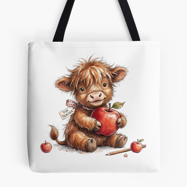 Item preview, Cute Watercolor Highland Cow with Teacher Apple Art designed and sold by BreezifyDesignStudio.