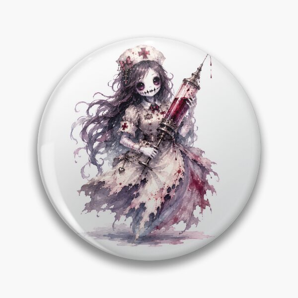 Item preview, Creepy Cute Gothic Ghost Nurse Holding Giant Blood Syringe Watercolor Illustration – Dark Fantasy Halloween Horror Kawaii Nurse Sticker Design designed and sold by looplandger.