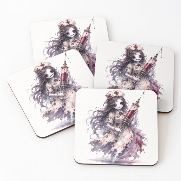 Item preview, Creepy Cute Gothic Ghost Nurse Holding Giant Blood Syringe Watercolor Illustration – Dark Fantasy Halloween Horror Kawaii Nurse Sticker Design designed and sold by looplandger.