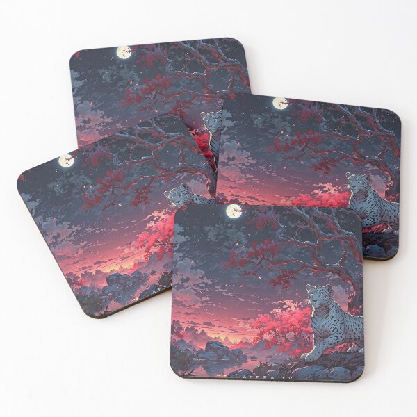 Item preview, Mystical White Leopard in Crimson Forest Under Moonlight - Fantasy Night Landscape Art designed and sold by aune-co.