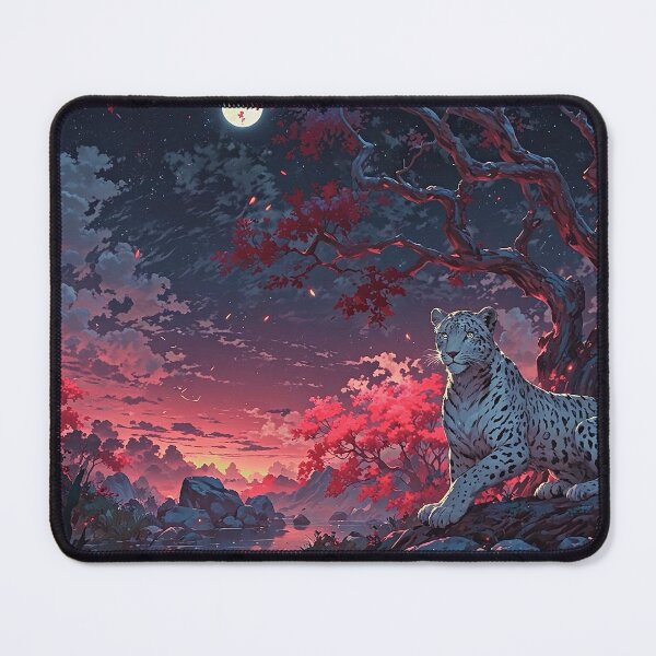 Item preview, Mystical White Leopard in Crimson Forest Under Moonlight - Fantasy Night Landscape Art designed and sold by aune-co.