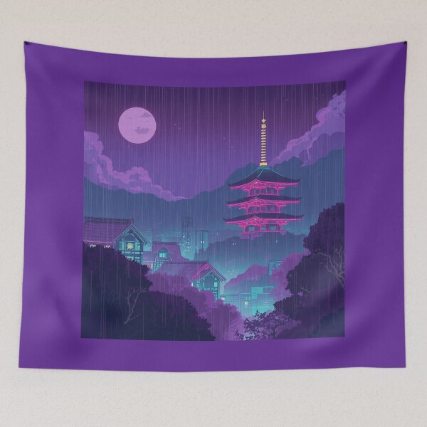 Item preview, Neon Pagoda Rainy Night - Vaporwave Japanese Aesthetic Purple Synthwave Temple designed and sold by kummo-0319.