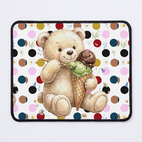 Item preview, Cute Watercolor Teddy Bear Eating Chocolate and Matcha Ice Cream Cone with Summer Flowers designed and sold by VibranPalette.