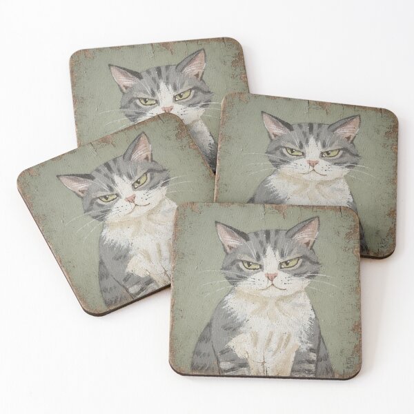 Item preview, Wary Grey and White Cat Folk Art designed and sold by PictorialWhimsy.