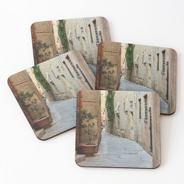 Item preview, Sunlit Narrow Stone Alley With Lanterns and Restaurant Sign in Historic Old Town designed and sold by Nmallia.