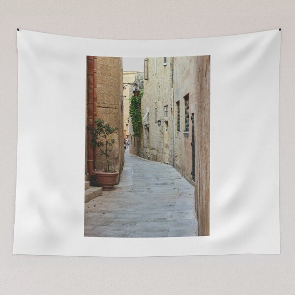 Item preview, Sunlit Narrow Stone Alley With Lanterns and Restaurant Sign in Historic Old Town designed and sold by Nmallia.