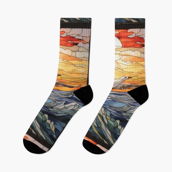 Item preview, Stained Glass Seagull Over Ocean Waves at Sunset designed and sold by pinkal.
