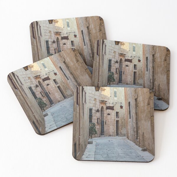 Item preview, Sunlit Narrow Stone Alley With Lanterns and Restaurant Sign in Historic Old Town designed and sold by Nmallia.