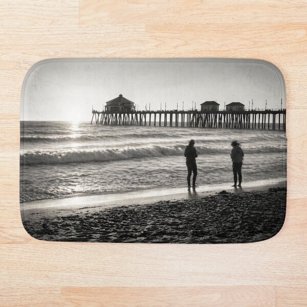 Item preview, Huntington Beach Pier Silhouettes at Sunrise – Black and White Coastal Photography designed and sold by Kimberly Palmer.
