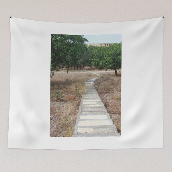 Item preview, Curving Boardwalk Path Through Dry Meadow Leading Into Green Trees And Historic Stone Walls designed and sold by Nmallia.