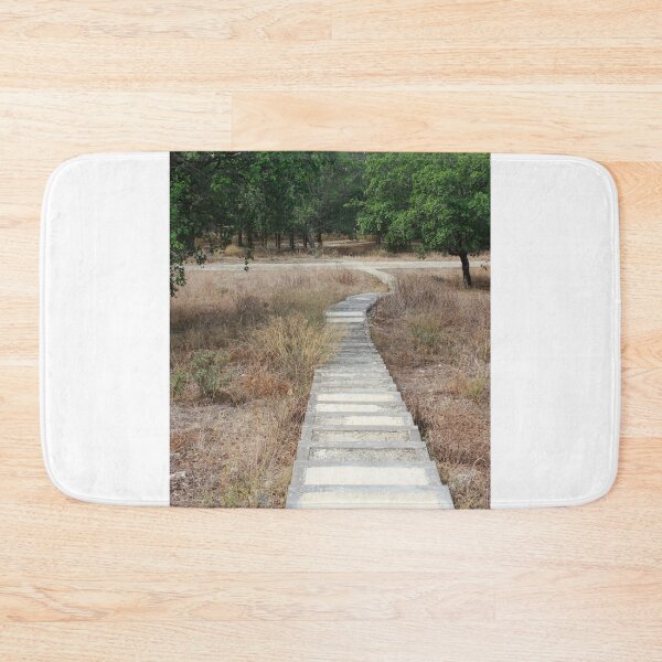 Item preview, Curving Boardwalk Path Through Dry Meadow Leading Into Green Trees And Historic Stone Walls designed and sold by Nmallia.