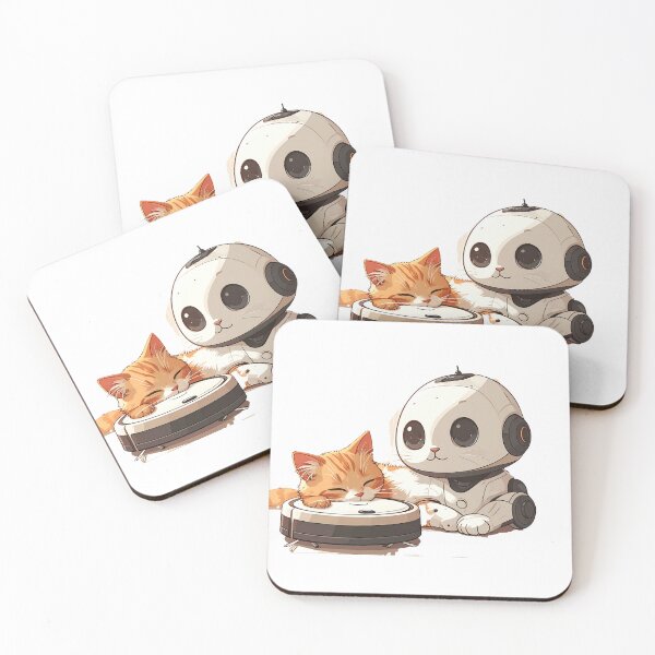 Item preview, Sleepy Ginger Cat on Robot Vacuum with Tiny Watching Robot designed and sold by OksArtStudio.