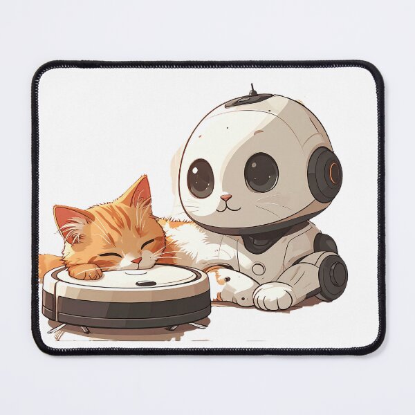 Item preview, Sleepy Ginger Cat on Robot Vacuum with Tiny Watching Robot designed and sold by OksArtStudio.
