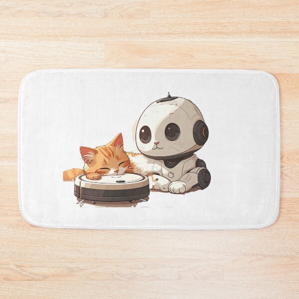 Item preview, Sleepy Ginger Cat on Robot Vacuum with Tiny Watching Robot designed and sold by OksArtStudio.
