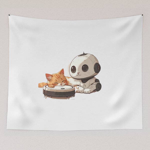 Item preview, Sleepy Ginger Cat on Robot Vacuum with Tiny Watching Robot designed and sold by OksArtStudio.