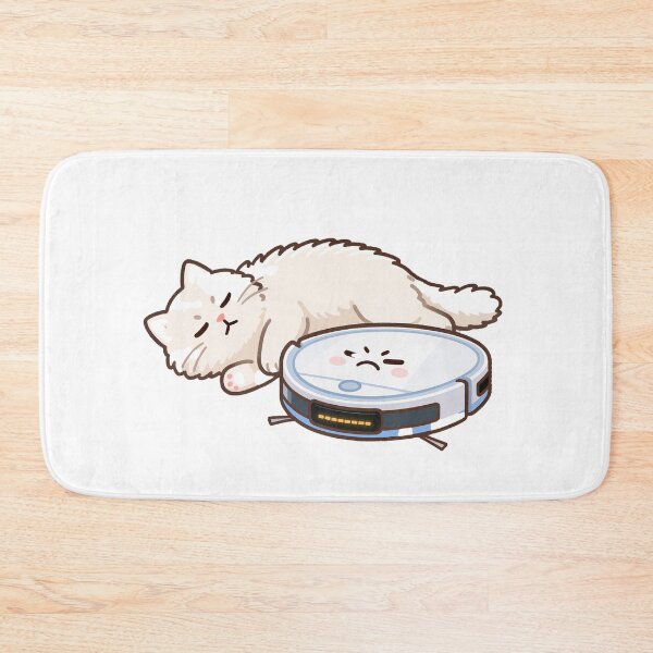 Item preview, White Cat Sleeping While Angry Robot Vacuum Can’t Pass designed and sold by OksArtStudio.