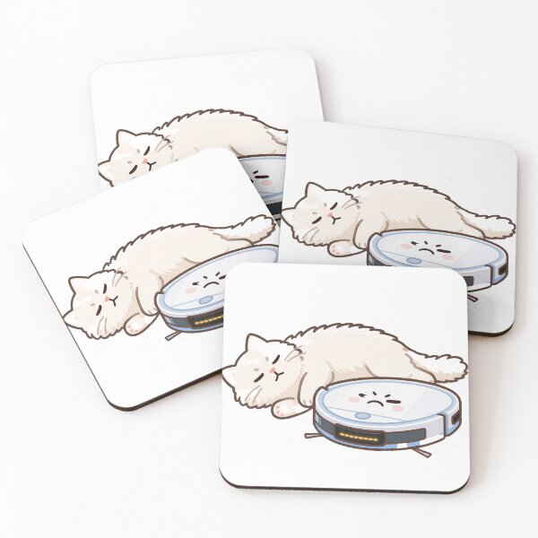 Item preview, White Cat Sleeping While Angry Robot Vacuum Can’t Pass designed and sold by OksArtStudio.