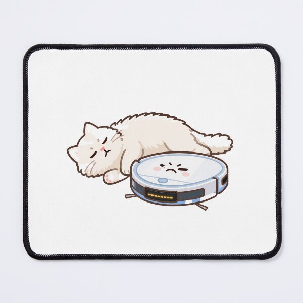 Item preview, White Cat Sleeping While Angry Robot Vacuum Can’t Pass designed and sold by OksArtStudio.