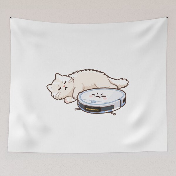 Item preview, White Cat Sleeping While Angry Robot Vacuum Can’t Pass designed and sold by OksArtStudio.