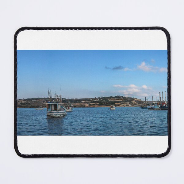 Item preview, Calm Fishing Boats in Harborside Panorama Under Bright Blue Sky at Coastal Town designed and sold by Nmallia.