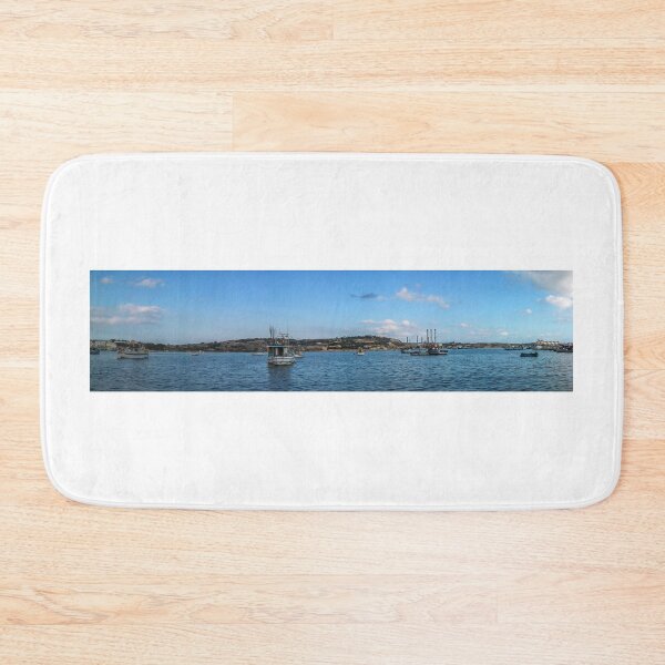 Item preview, Calm Fishing Boats in Harborside Panorama Under Bright Blue Sky at Coastal Town designed and sold by Nmallia.