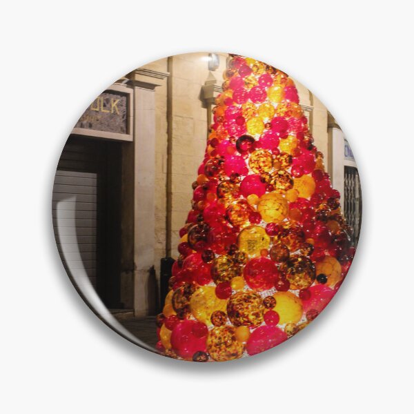 Item preview, Illuminated Christmas Tree Sculpture Made of Red and Orange Glass Ornaments on Nighttime City Street designed and sold by Nmallia.