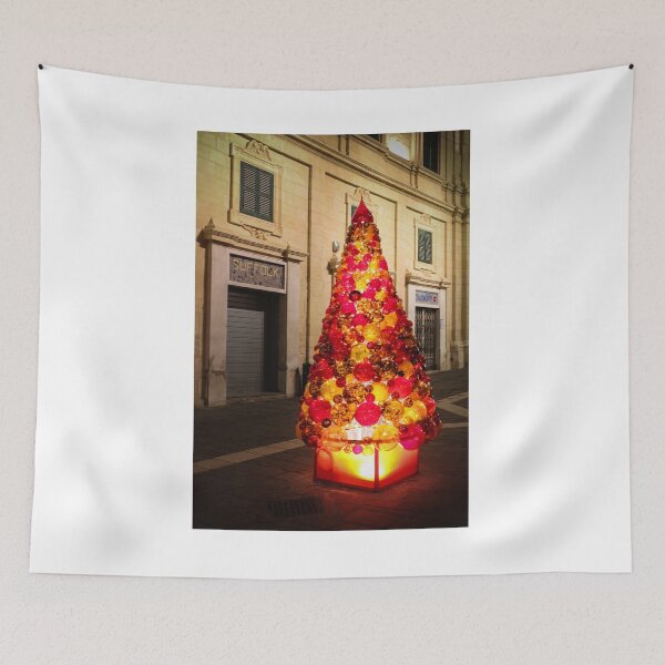 Item preview, Illuminated Christmas Tree Sculpture Made of Red and Orange Glass Ornaments on Nighttime City Street designed and sold by Nmallia.