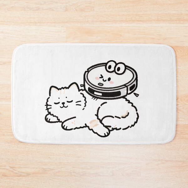 Item preview, Sleepy Cat Resting While Robot Vacuum Rides on Top of Him designed and sold by OksArtStudio.