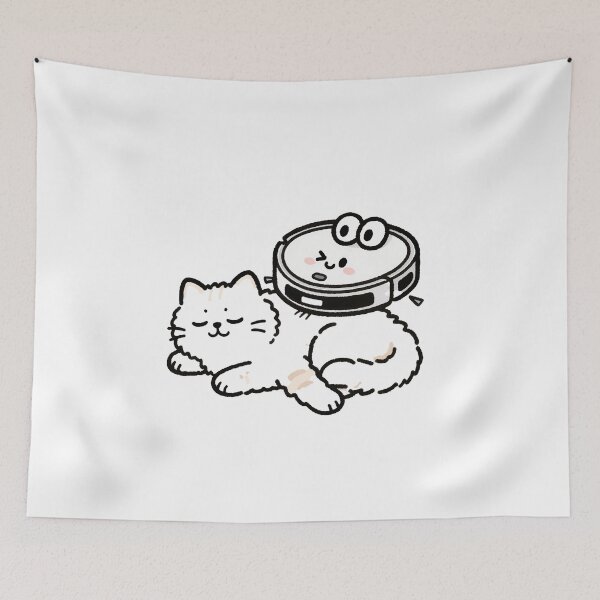 Item preview, Sleepy Cat Resting While Robot Vacuum Rides on Top of Him designed and sold by OksArtStudio.