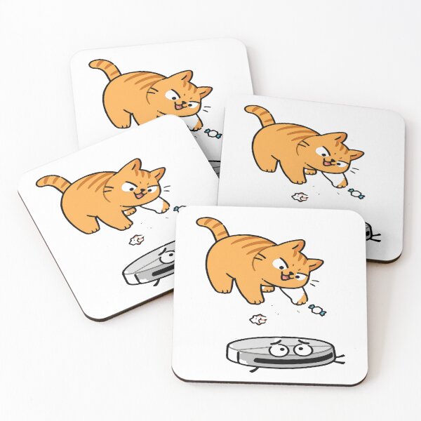 Item preview, Angry Robot Vacuum Cleaning While Ginger Cat Drops Trash from Above designed and sold by OksArtStudio.